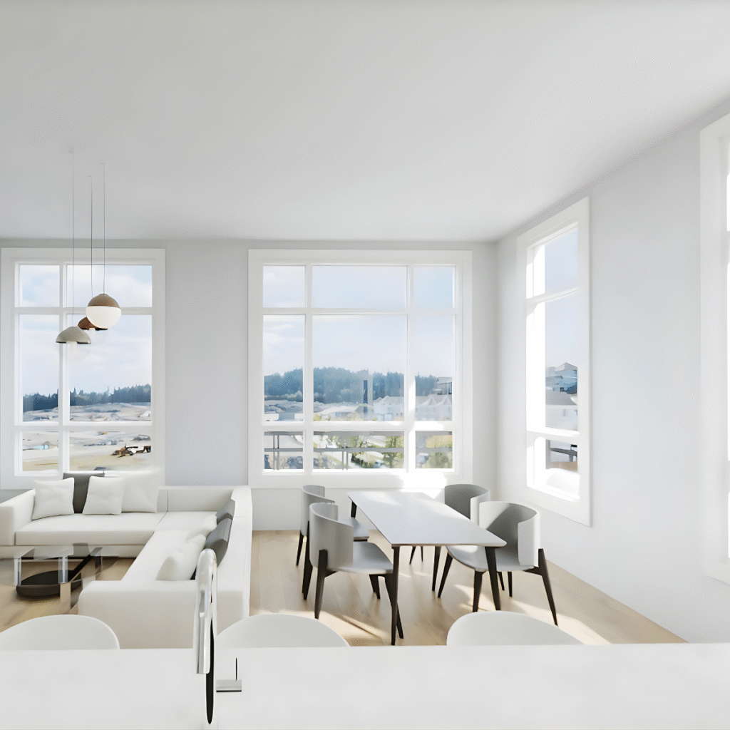 Modern bright living and dining area